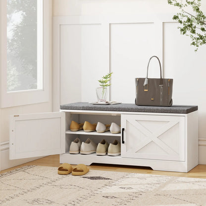 Shoe Bench With Cushion, Adjustable Shelves, Doors, White Shoe Storage Cabinets & Racks at Gallery Canada