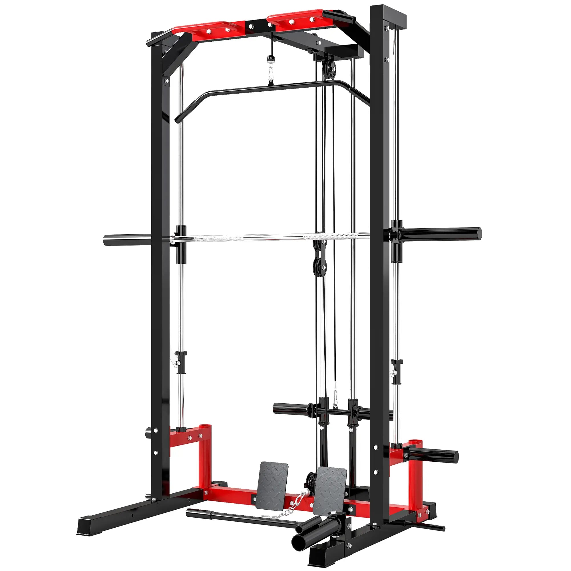 Smith Machine Power Rack with Pull Up Bar, Lat Pull Down, Landmine Power Towers Red and Black at Gallery Canada