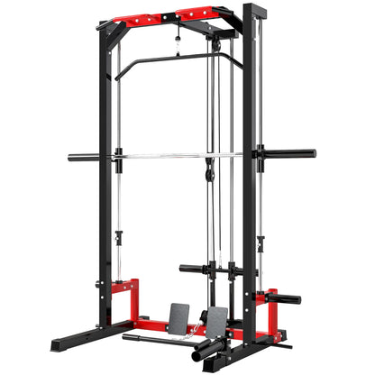 Smith Machine Power Rack with Pull Up Bar, Lat Pull Down, Landmine Power Towers Red and Black at Gallery Canada