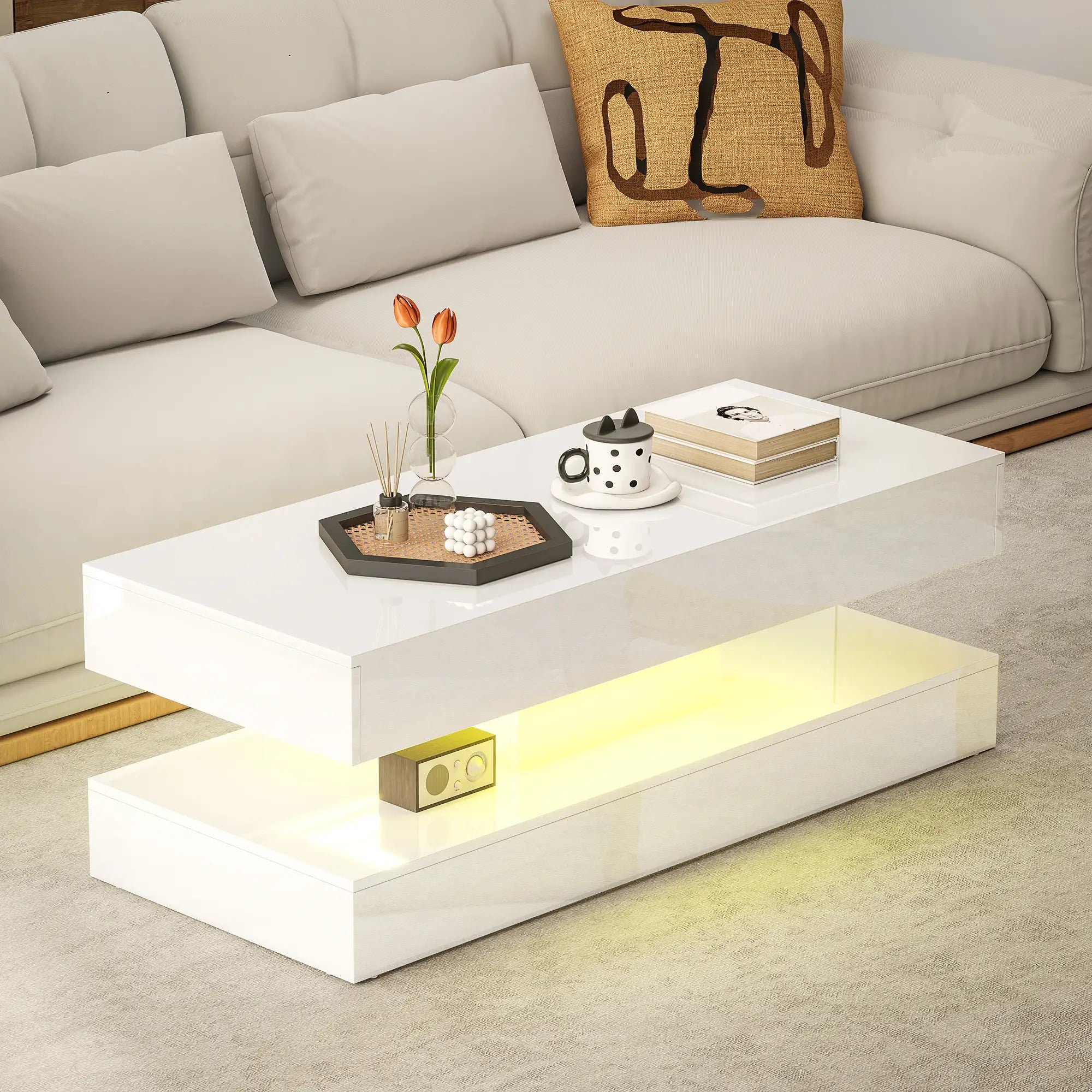 Adjustable LED Coffee Table, 2 Drawers, Open Shelf, Remote, High Gloss White, White Coffee Tables at Gallery Canada