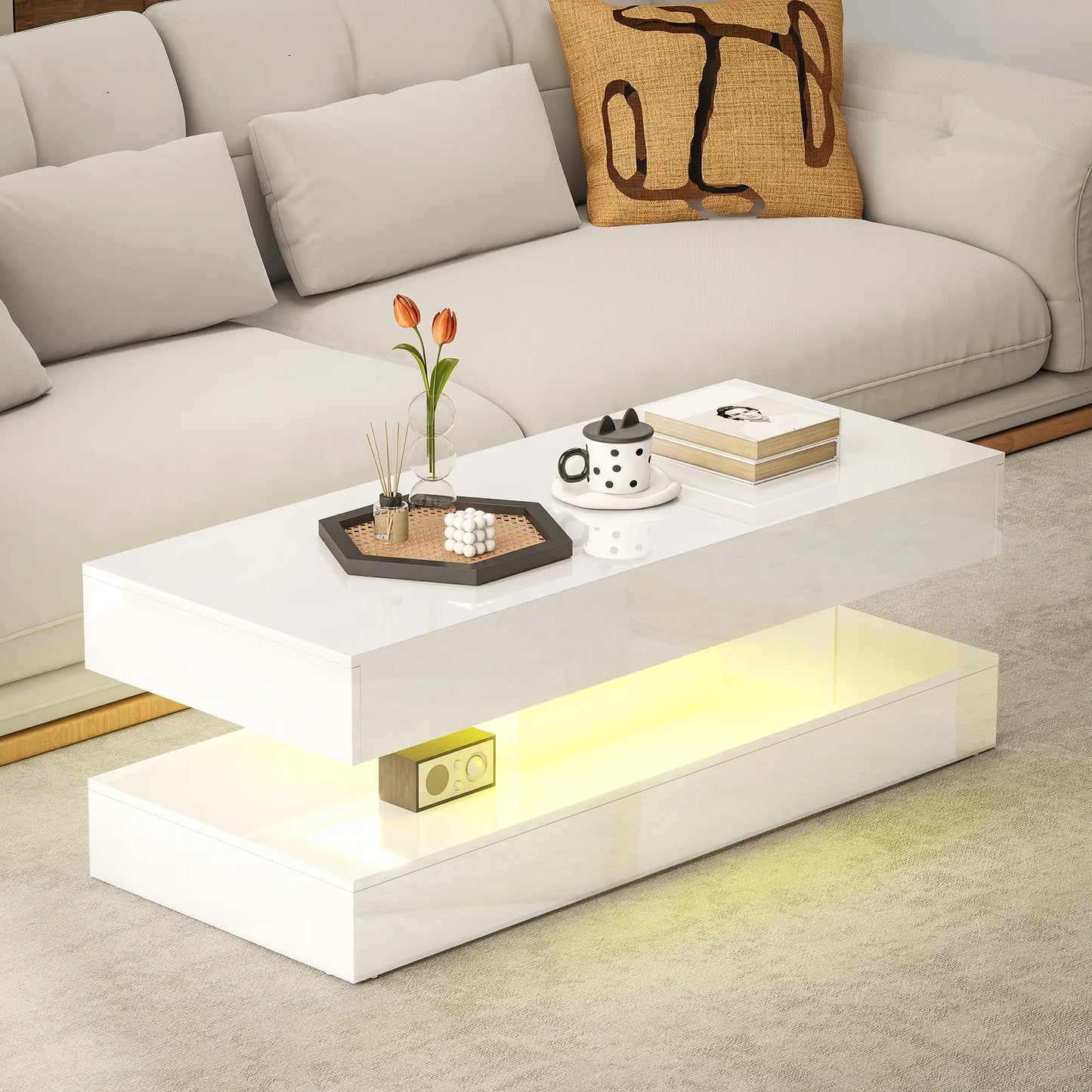 Adjustable LED Coffee Table, 2 Drawers, Open Shelf, Remote, High Gloss White, White Coffee Tables at Gallery Canada
