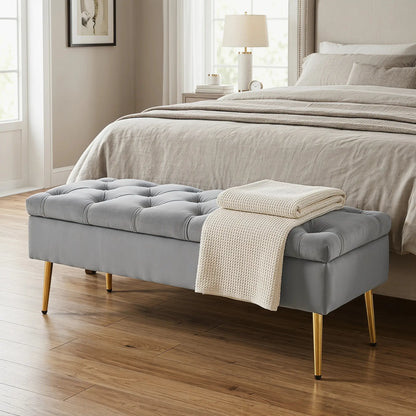 Upholstered Bedroom Bench with Gold Tone Metal Legs, Velvet Tufted and Thick Padding, Grey Storage Ottomans & Benches at Gallery Canada