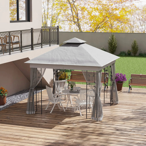 10'x10' Steel Patio Gazebo, Soft-Top, 2-Tier Polyester Roof, Light Grey