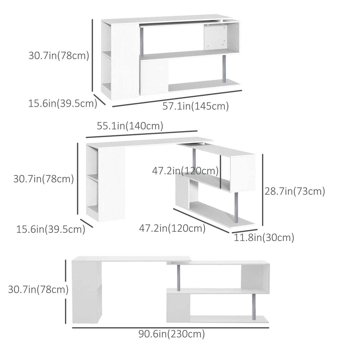 55" Corner Computer Desk, 360° Rotating L-Shaped, White Writing Desks at Gallery Canada