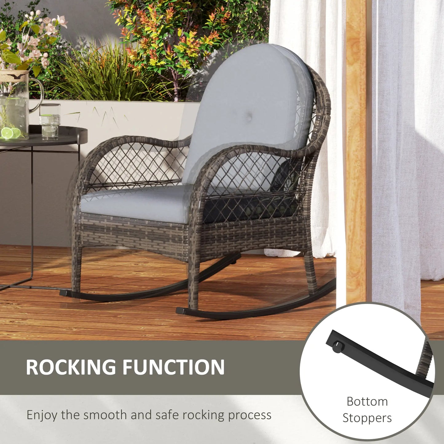2 Wicker Rocking Patio Chairs, Indoor Outdoor Set with Cushions, Grey Outdoor Rocking Chairs at Gallery Canada