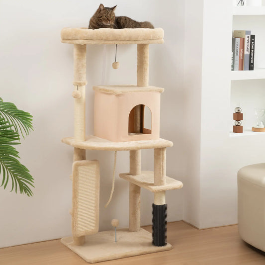 52 Inch Cat Tree with Scratching Posts, Bed, Condo, Grooming Brush Cat Towers Beige at Gallery Canada
