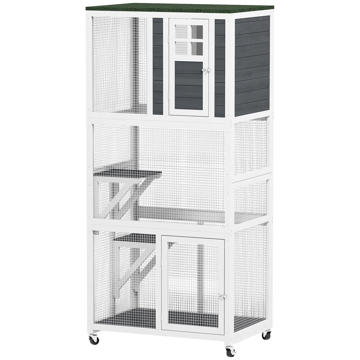 74" Wooden Outdoor Cat House, Weatherproof, Wheeled, High Weight Capacity, White Outdoor Cat Enclosures White, dark grey, green at Gallery Canada