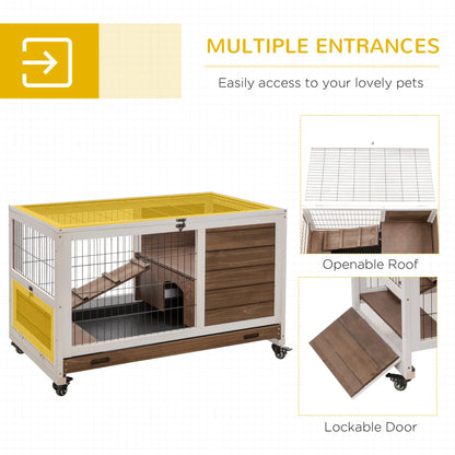 Wooden Indoor Rabbit Hutch, Elevated Bunny Cage with Wheels, Brown Rabbit Hutch at Gallery Canada