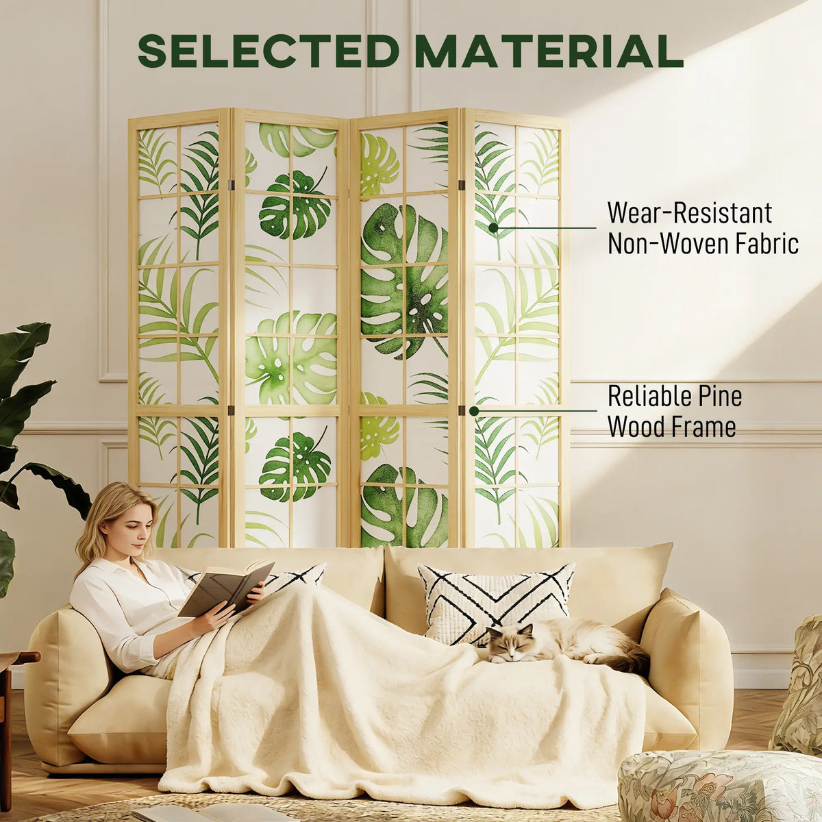 4 Panel Folding Privacy Screen, 67" Palm Leaf Design, Natural Green, Green Room Dividers at Gallery Canada