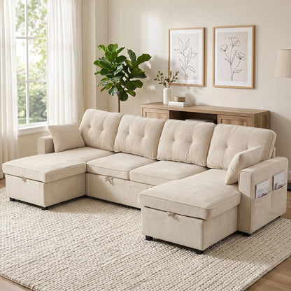 U Shaped Sectional Sofa Bed, 113" Pull Out Sleeper, Beige 3-Seater Sofas at Gallery Canada
