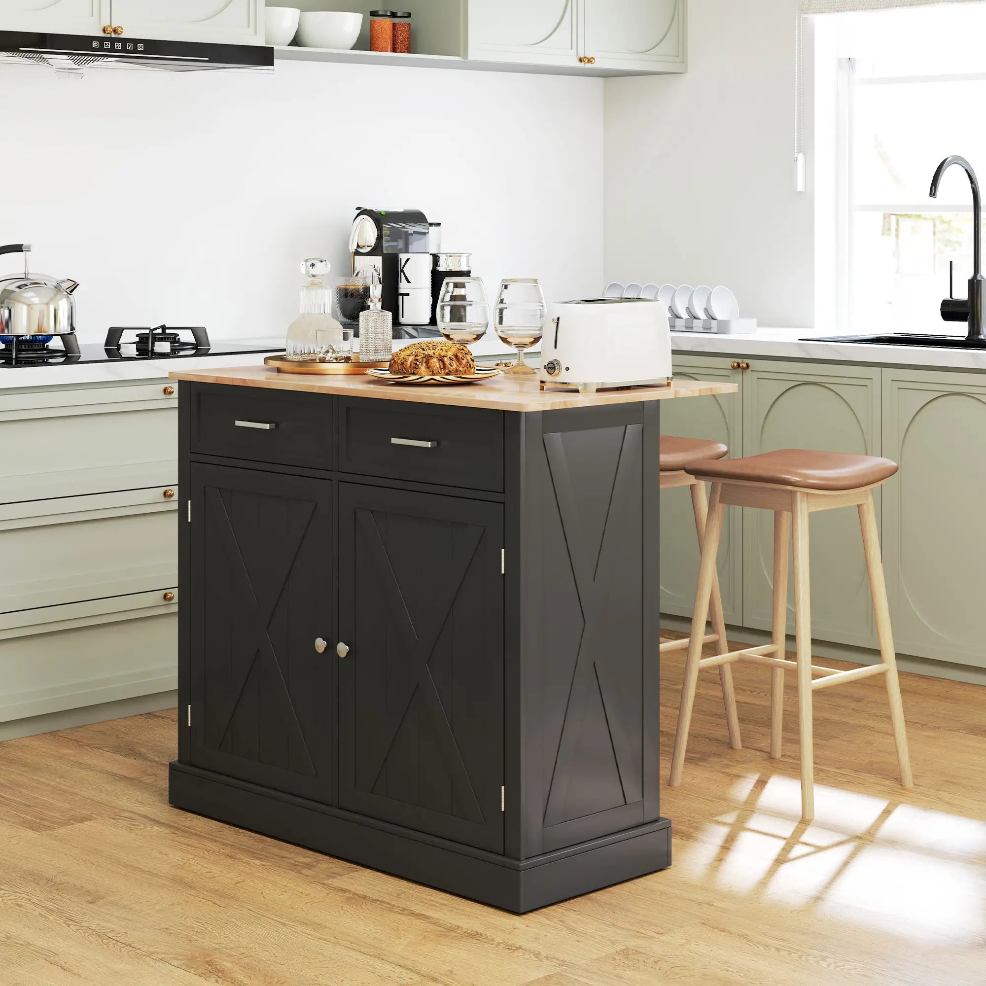 Kitchen Island with Drop Leaf, 2 Drawers, Adjustable Shelves, Black Kitchen Islands & Kitchen Carts at Gallery Canada