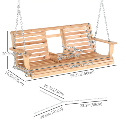 3 Seater Wood Patio Swing, Foldable Table, Cup Holders, Steel Chains, Natural Hanging Porch Swings at Gallery Canada