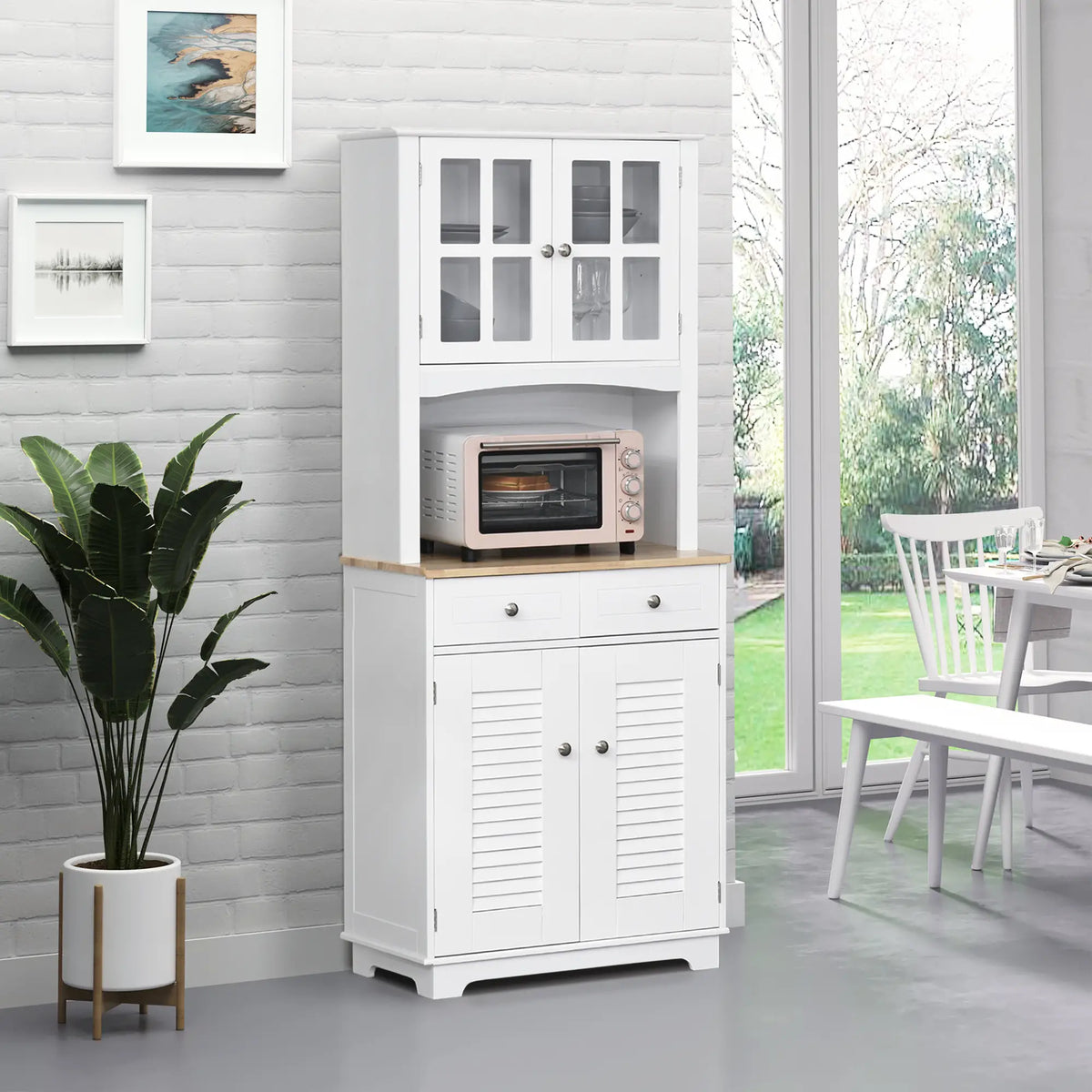 Coastal Kitchen Buffet Hutch, Wood Storage Cupboard, Glass Door, White Kitchen Pantry Cabinets at Gallery Canada