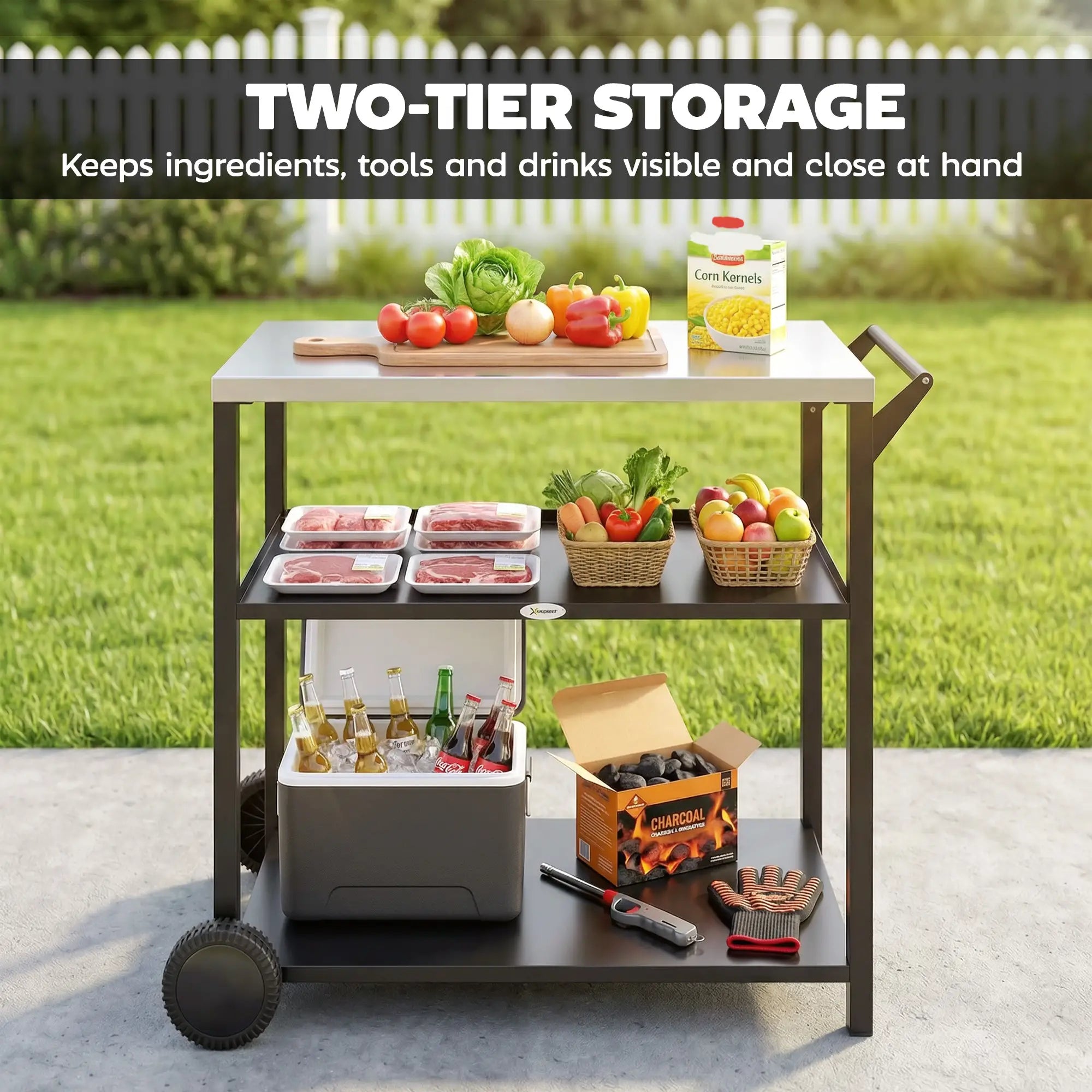 Outdoor Grill Cart, Stainless Steel Tabletop, 3-Tier BBQ Stand, Black Outdoor Grill Carts at Gallery Canada