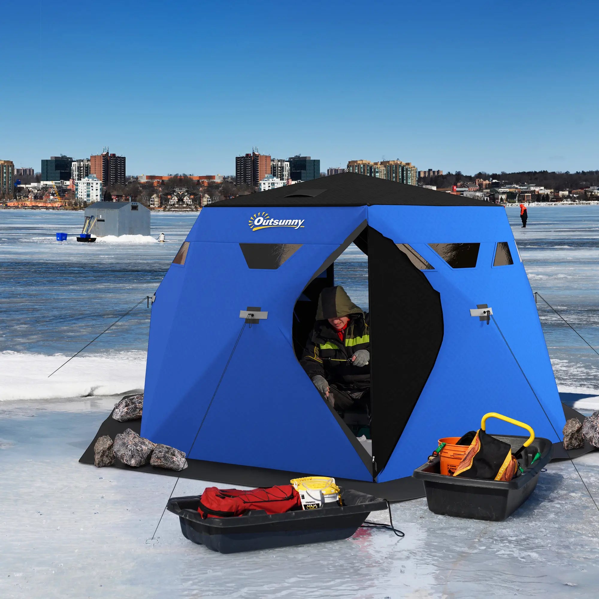 4 Person Insulated Ice Fishing Shelter, Pop-Up Tent with Carry Bag, Two Doors, Blue Ice Fishing Tents at Gallery Canada
