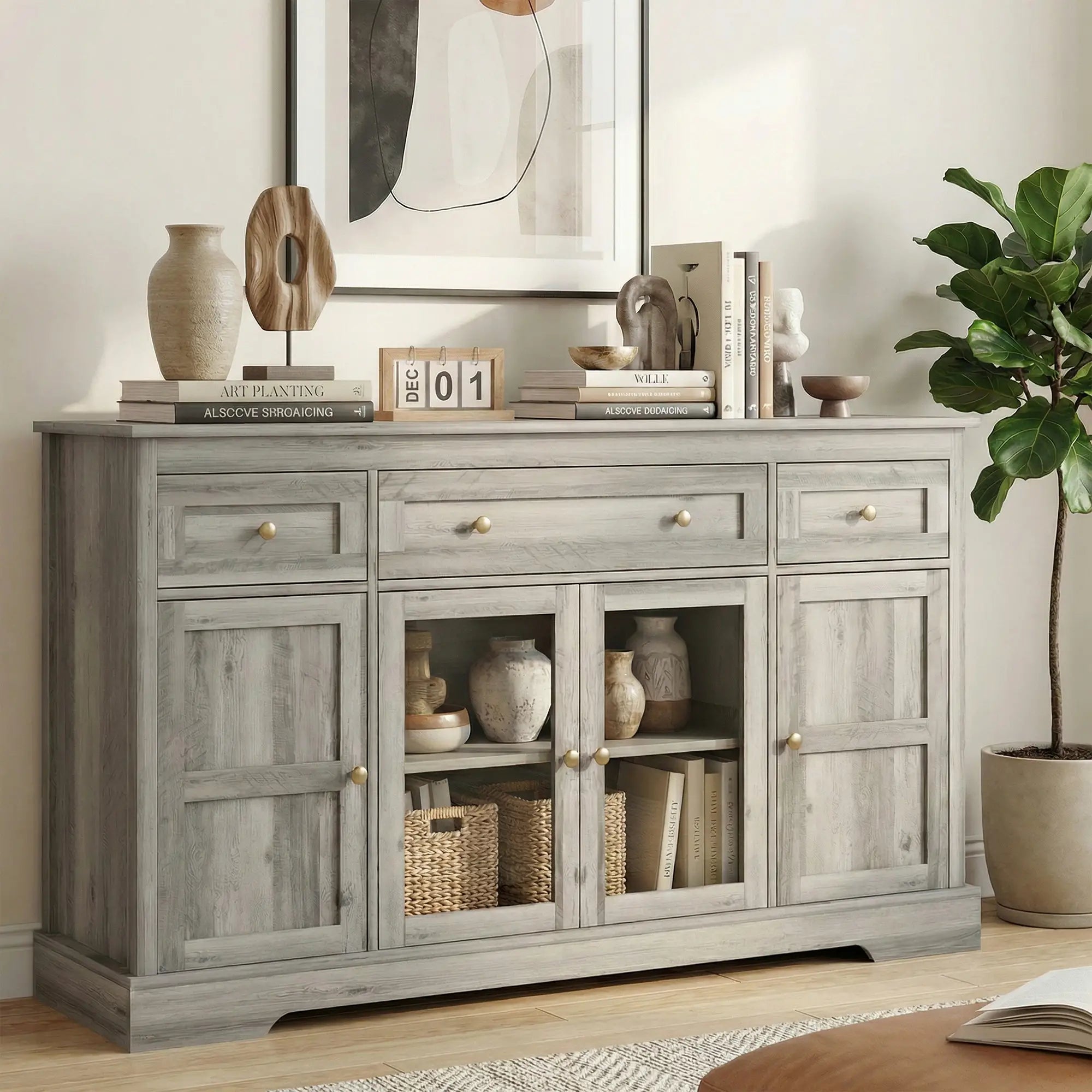 Sideboard Buffet Cabinet, Coffee Bar with Glass Doors, Adjustable Shelves, Weathered Grey Oak, Grey Bar Cabinets at Gallery Canada