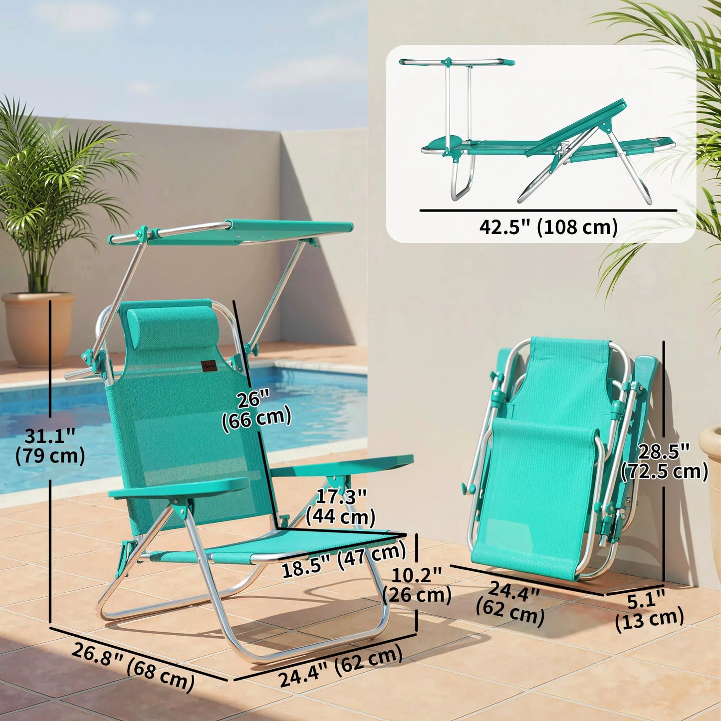 Folding Beach Chair, Adjustable Canopy, 6-Position Reclining, Turquoise Beach Accessories at Gallery Canada