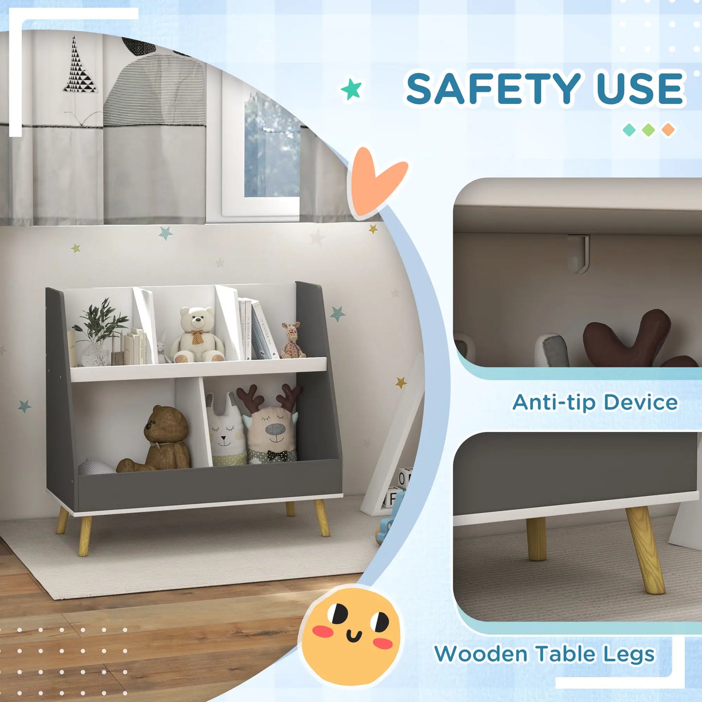 2 Tier Kids Toy Organizer, 5 Compartments, Anti-Tip, Nursery, Playroom, Grey Bookshelves & Bookcases at Gallery Canada