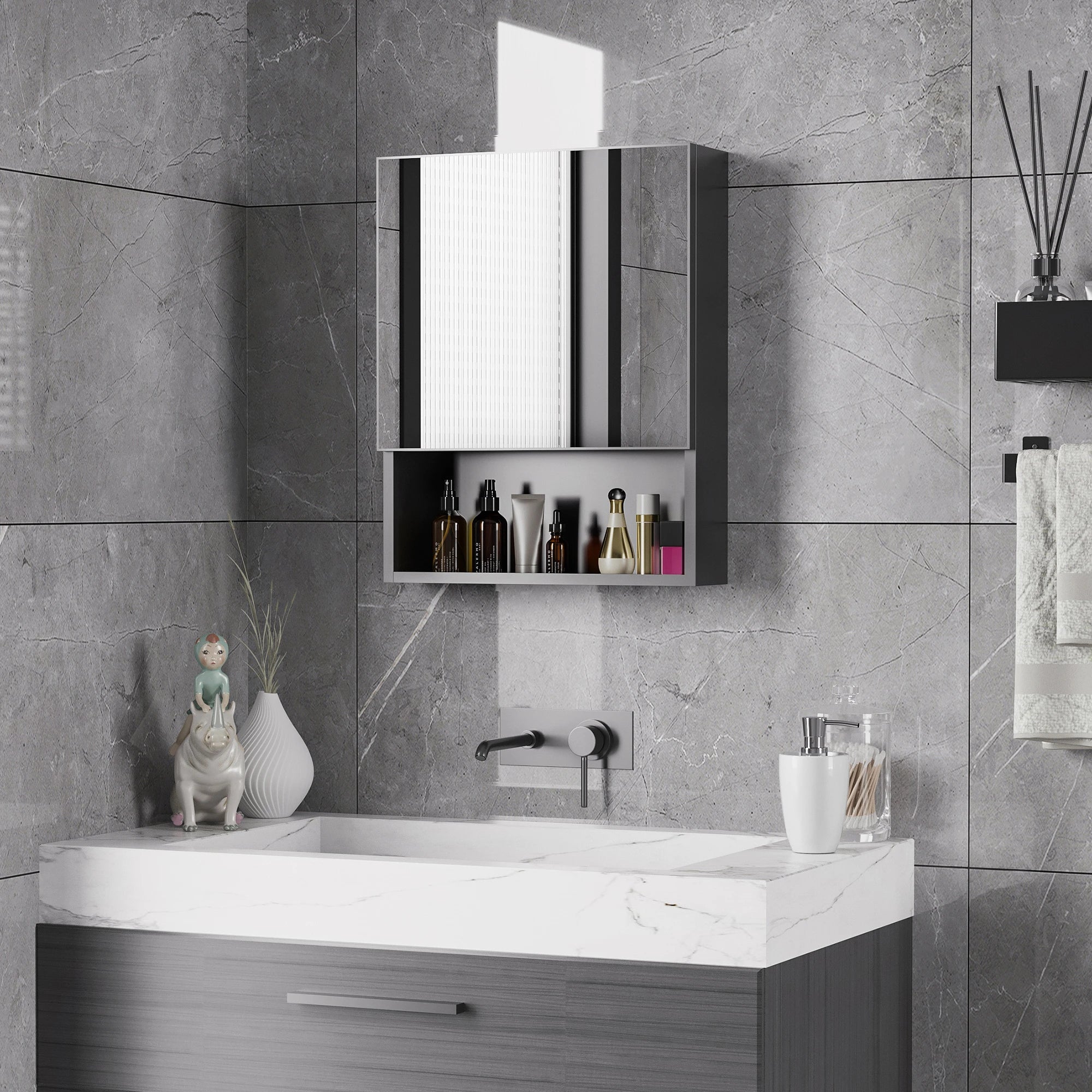 Wall-Mounted Medicine Cabinet, Single Door with Shelves, Stainless Steel Frame, Black Mirror Medicine Cabinets at Gallery Canada