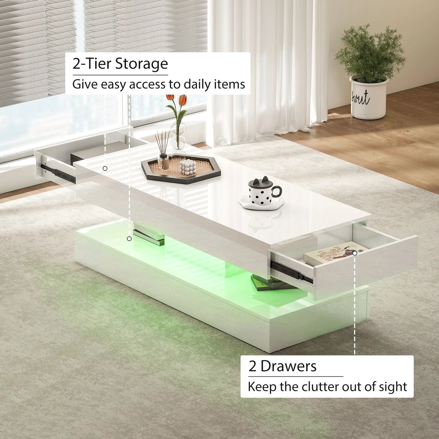 Adjustable LED Coffee Table, 2 Drawers, Open Shelf, Remote, High Gloss White, White Coffee Tables at Gallery Canada