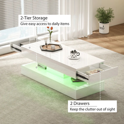 Adjustable LED Coffee Table, 2 Drawers, Open Shelf, Remote, High Gloss White, White Coffee Tables at Gallery Canada