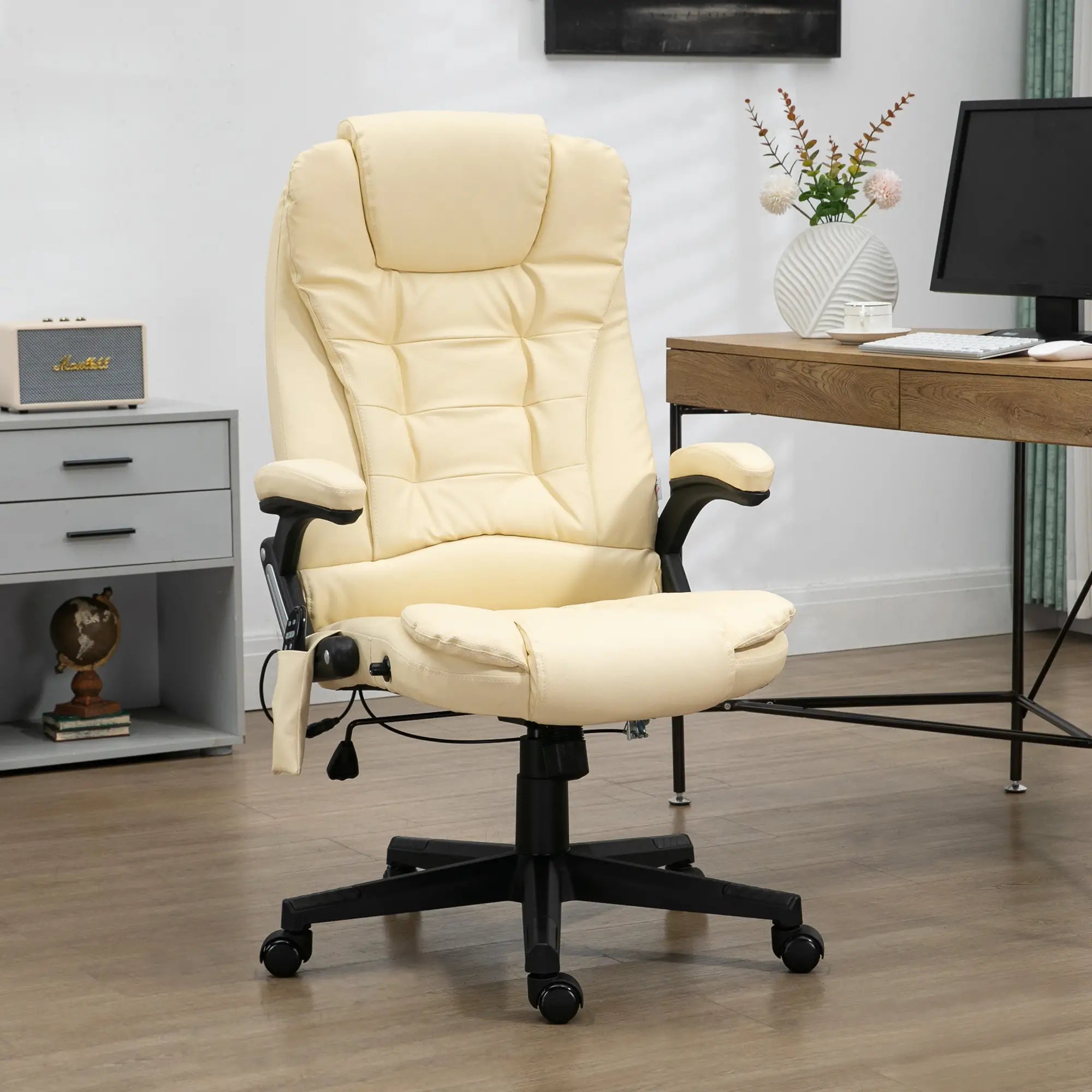 Adjustable Heated Massage Swivel Office Chair, High Back Leather, Beige Massage Chairs at Gallery Canada