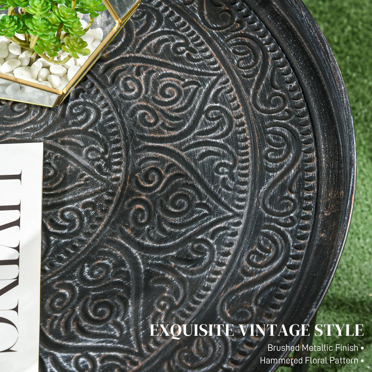 Vintage Coffee Table, 24" Round, Hammered Tray Top, Metal Frame, Pewter Coffee Tables at Gallery Canada