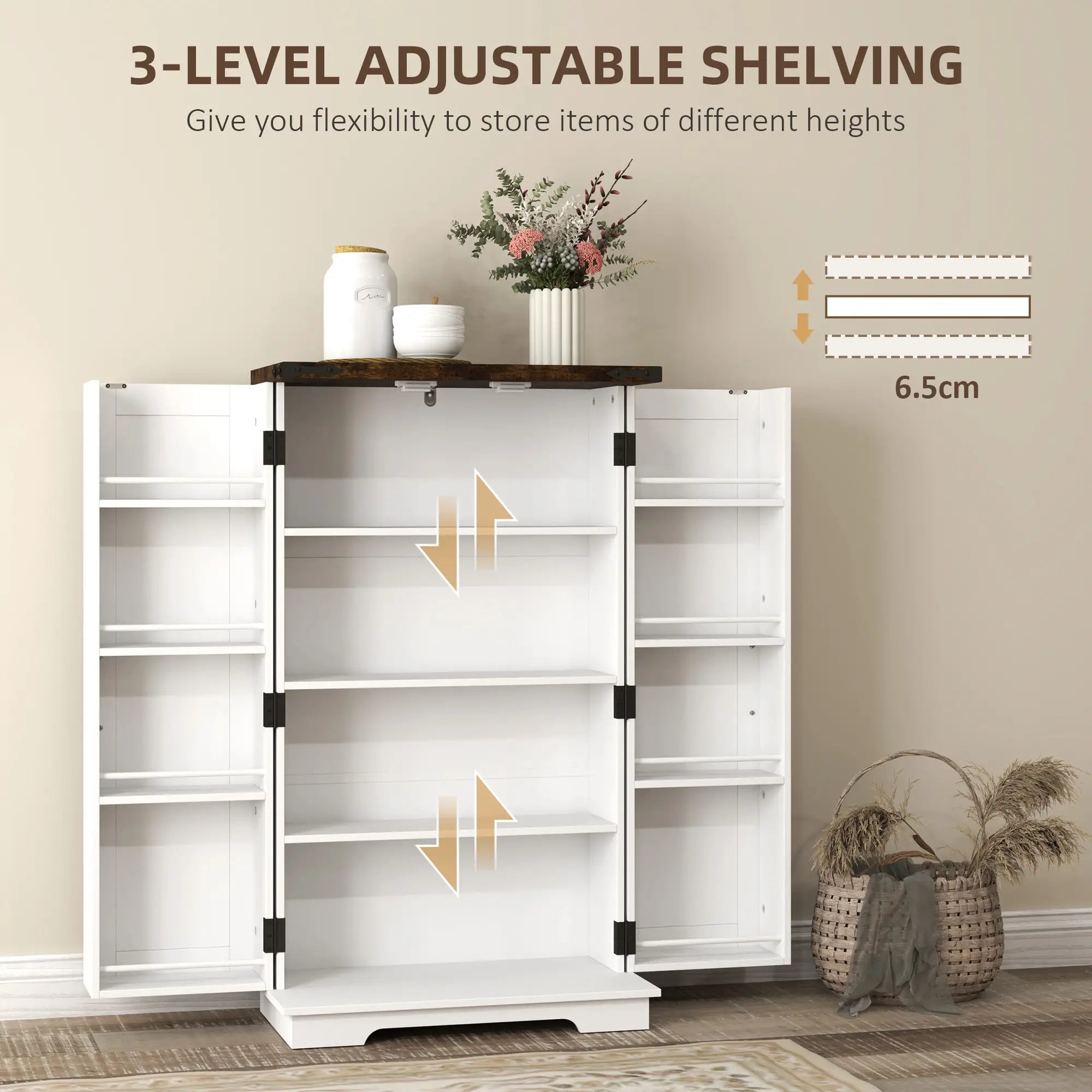 Farmhouse Kitchen Pantry Cabinet, Adjustable Shelves, White Kitchen Pantry Cabinets at Gallery Canada