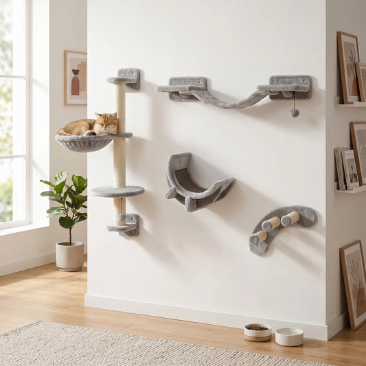 4Pcs Cat Wall Shelf with Scratching Post, Soft Ladder, Hammock, Grey Cat Climbing Wall Grey at Gallery Canada