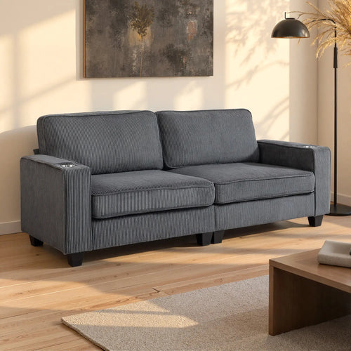 Three Seater Sofa, Fabric Couch with Spring Cushion, Cup Holders, Dark Grey