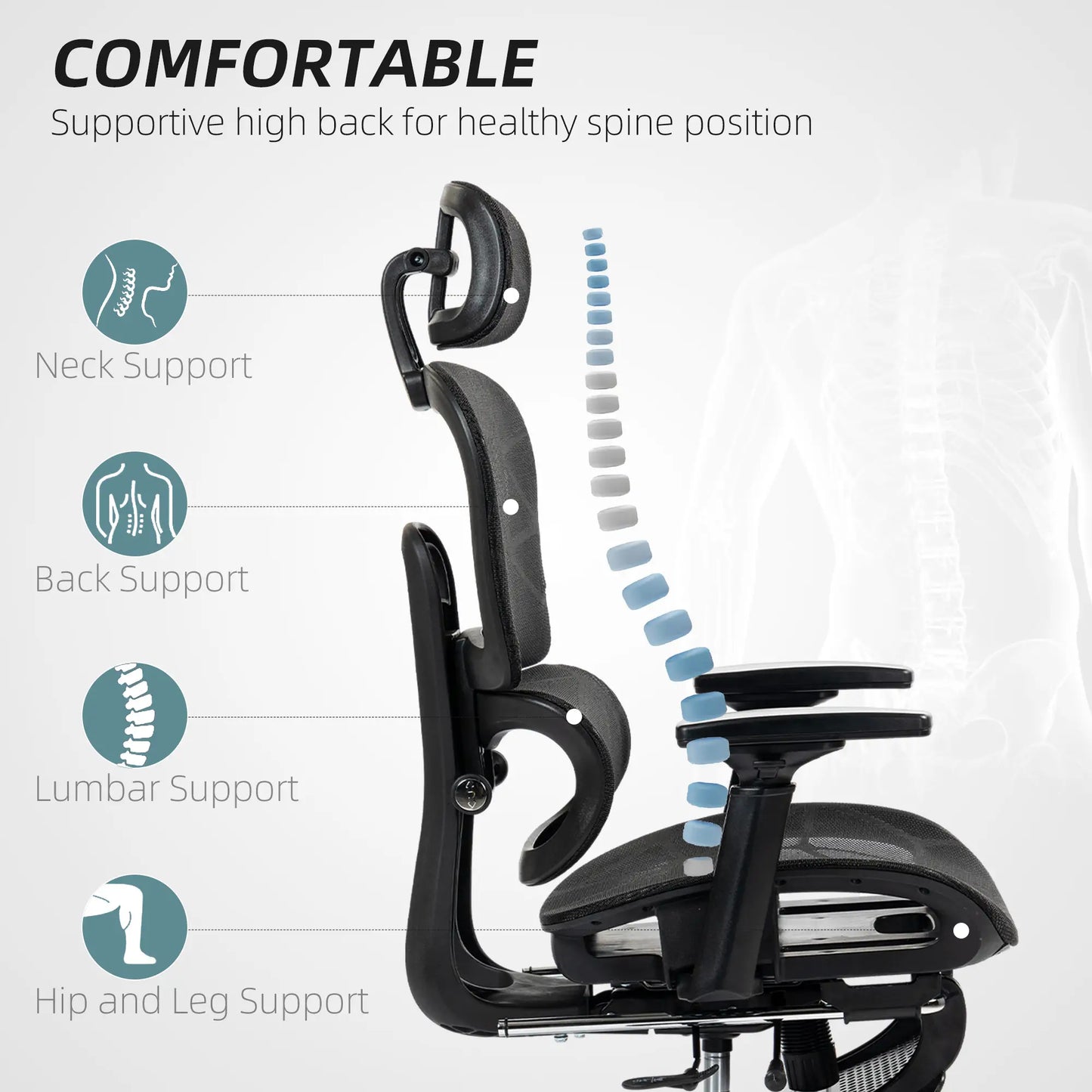 Mesh Office Chair, 3D Armrest, High Back, Lumbar Support, 135° Recline, Adjustable Headrest, Black Executive & Manager Chairs at Gallery Canada