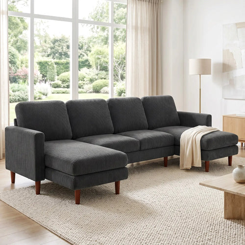 U Shaped Sectional Sofa, 2200lb Capacity, Corduroy, Double Chaise, Dark Grey