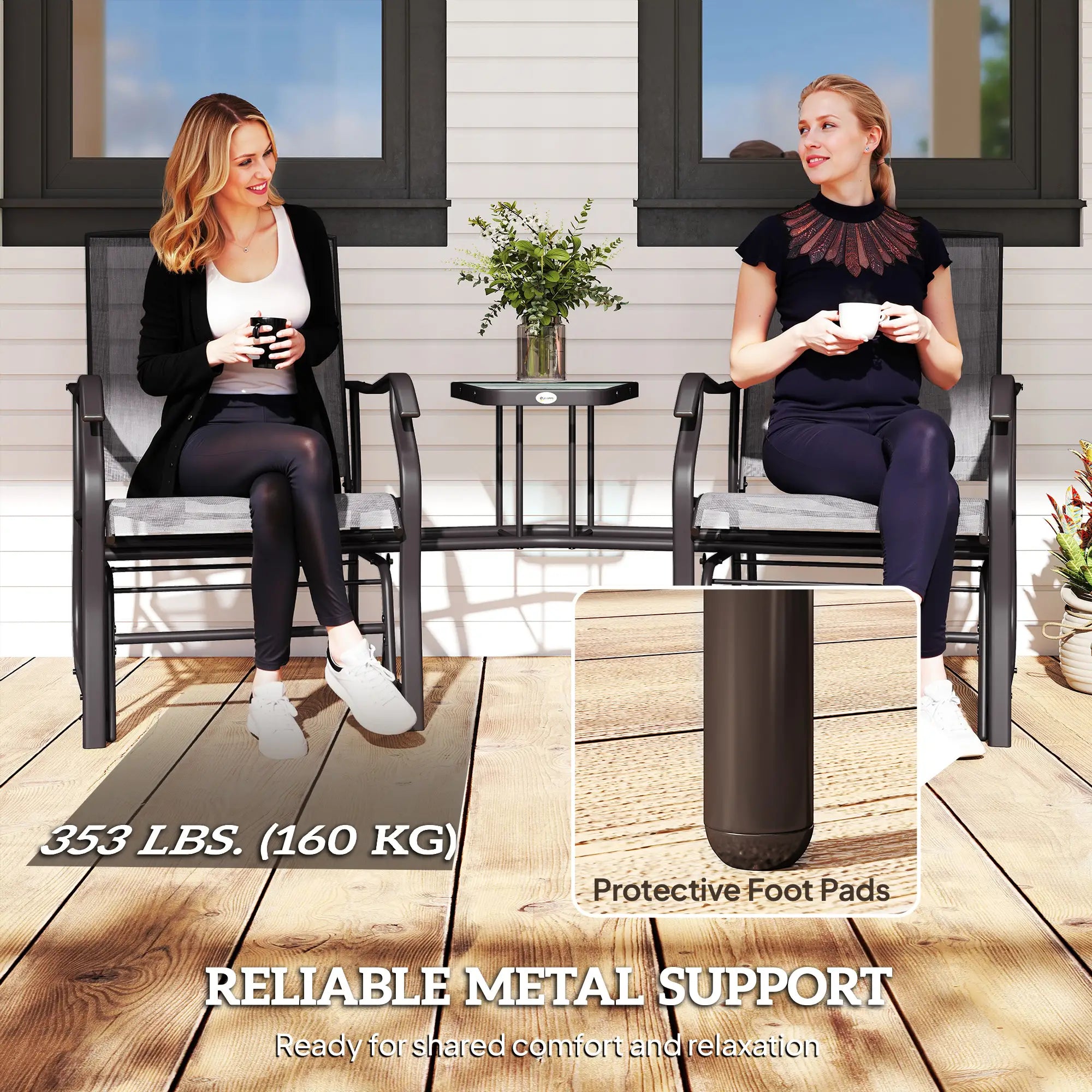 Double Patio Glider Chair with Glass Table, Grey Outdoor Gliders at Gallery Canada