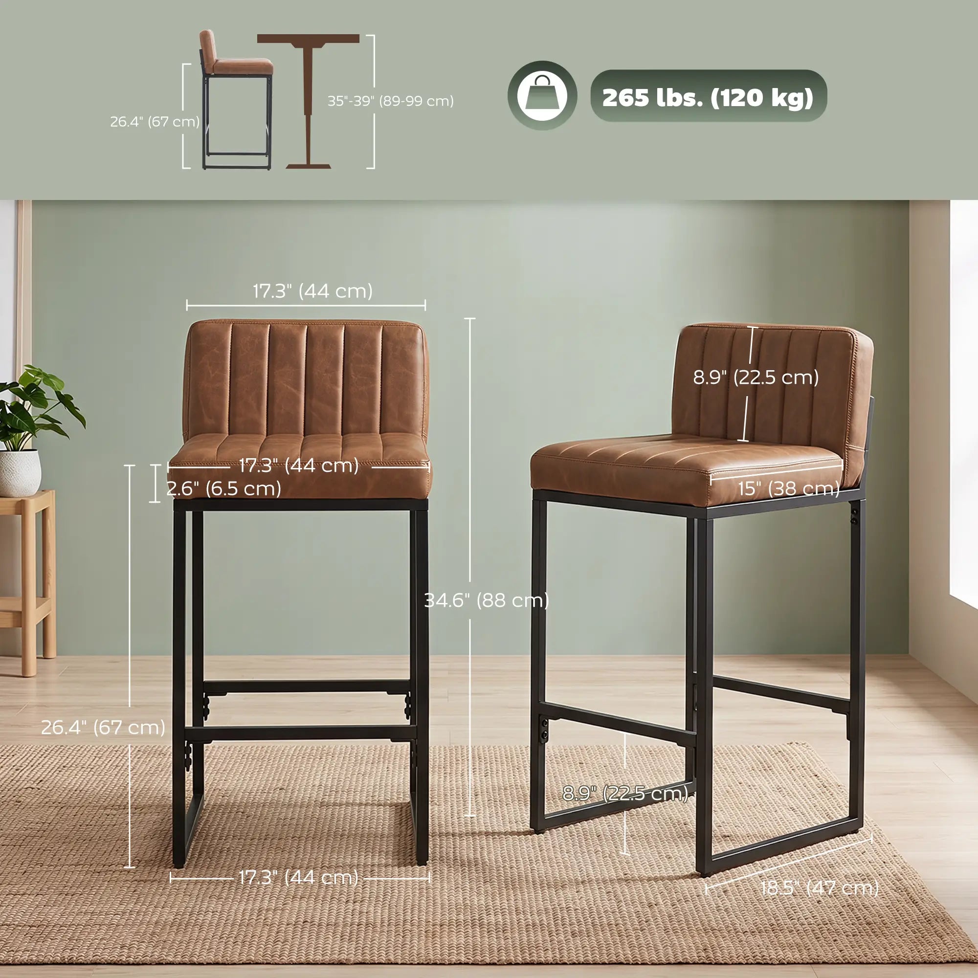Retro Padded Counter Height Bar Stools, Set of 2, Brown Bar Stools at Gallery Canada