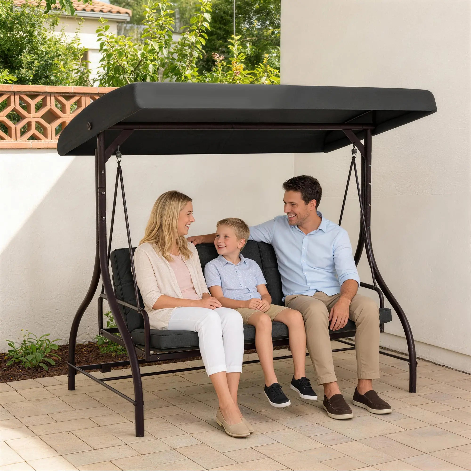 Convertible Patio Swing Bed With Canopy, Cushions, 3 Seater, Dark Grey Patio Swings with Stand at Gallery Canada