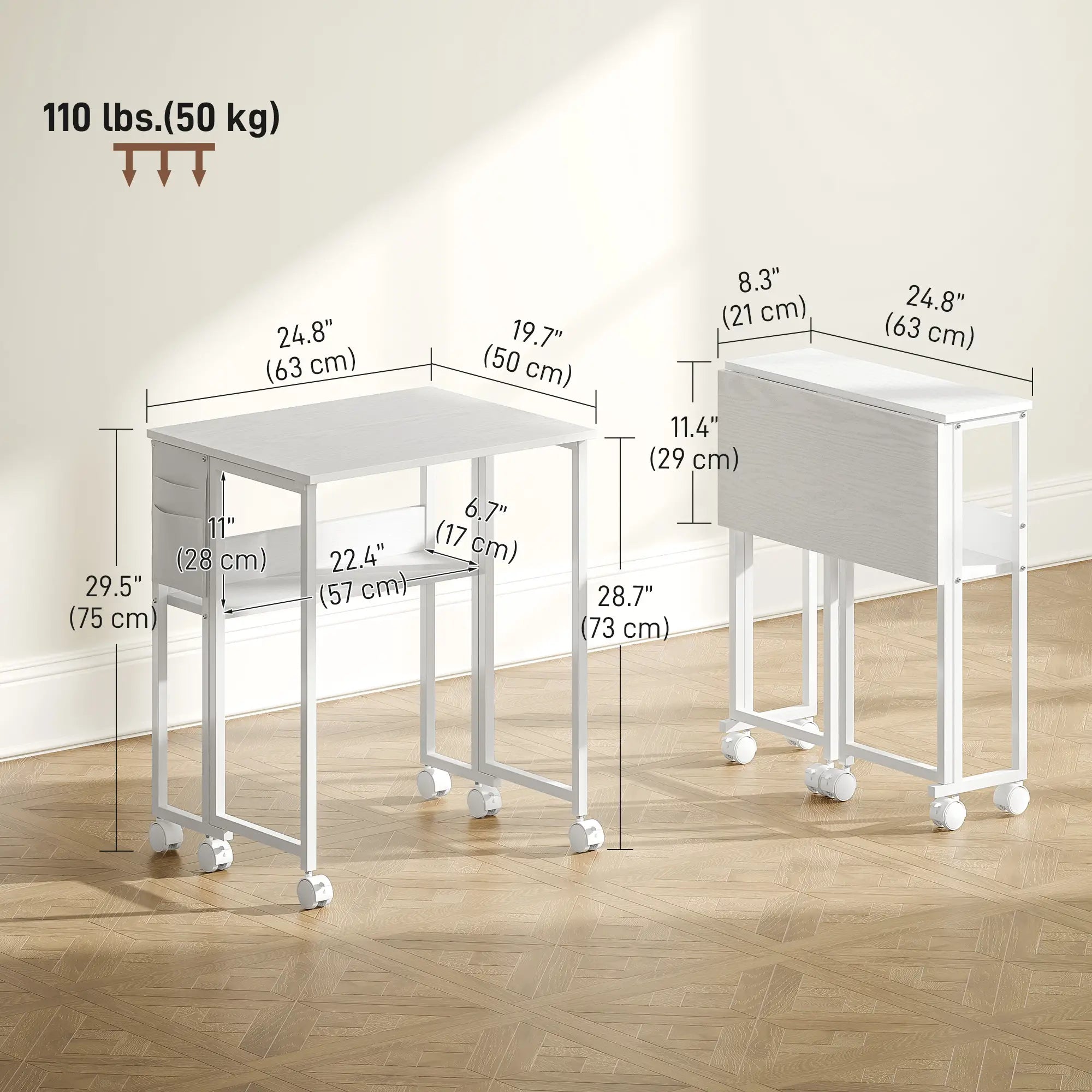 Folding Computer Desk with Storage Bag Shelf and Wheels White, White Writing Desks at Gallery Canada