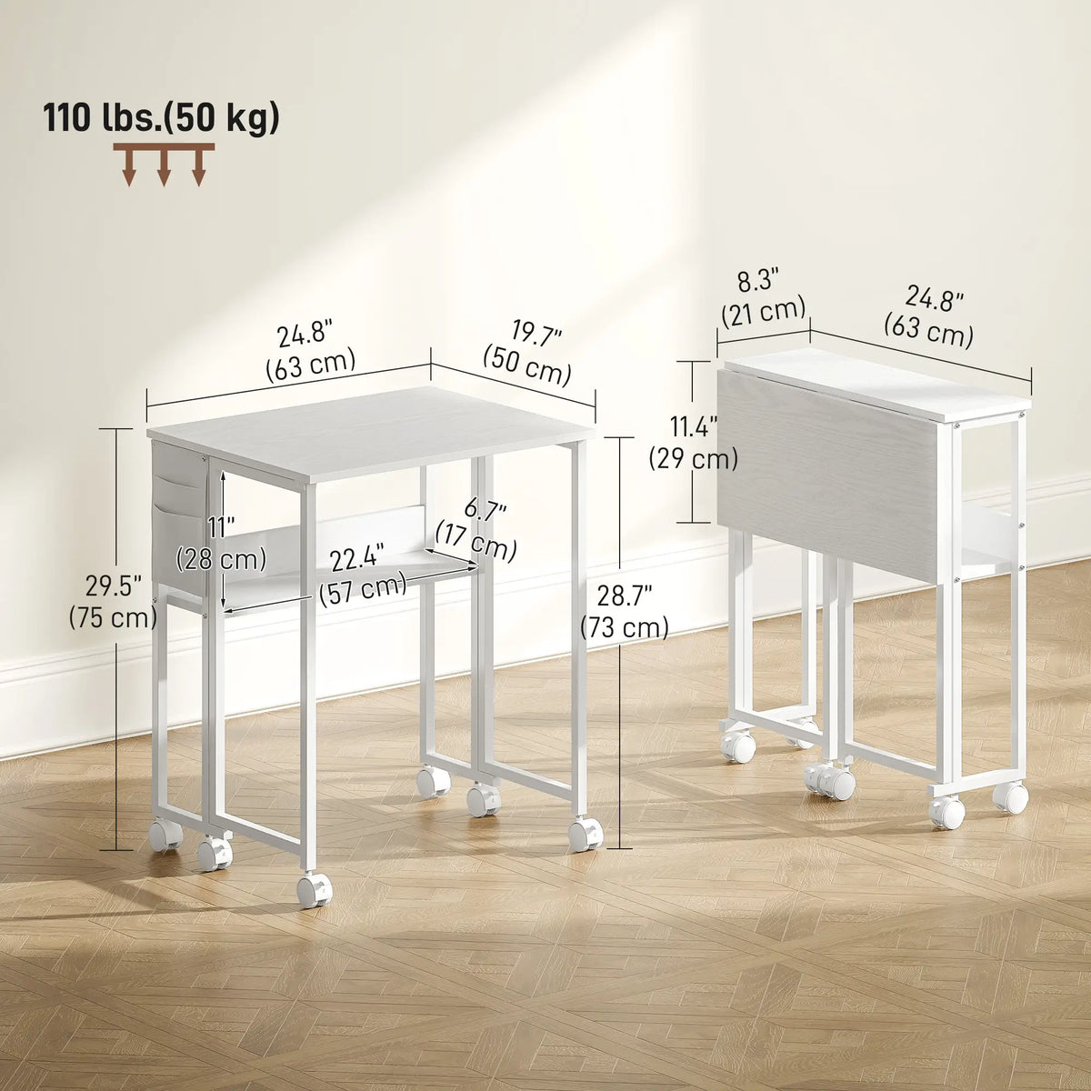 Folding Computer Desk with Storage Bag Shelf and Wheels White, White Writing Desks at Gallery Canada