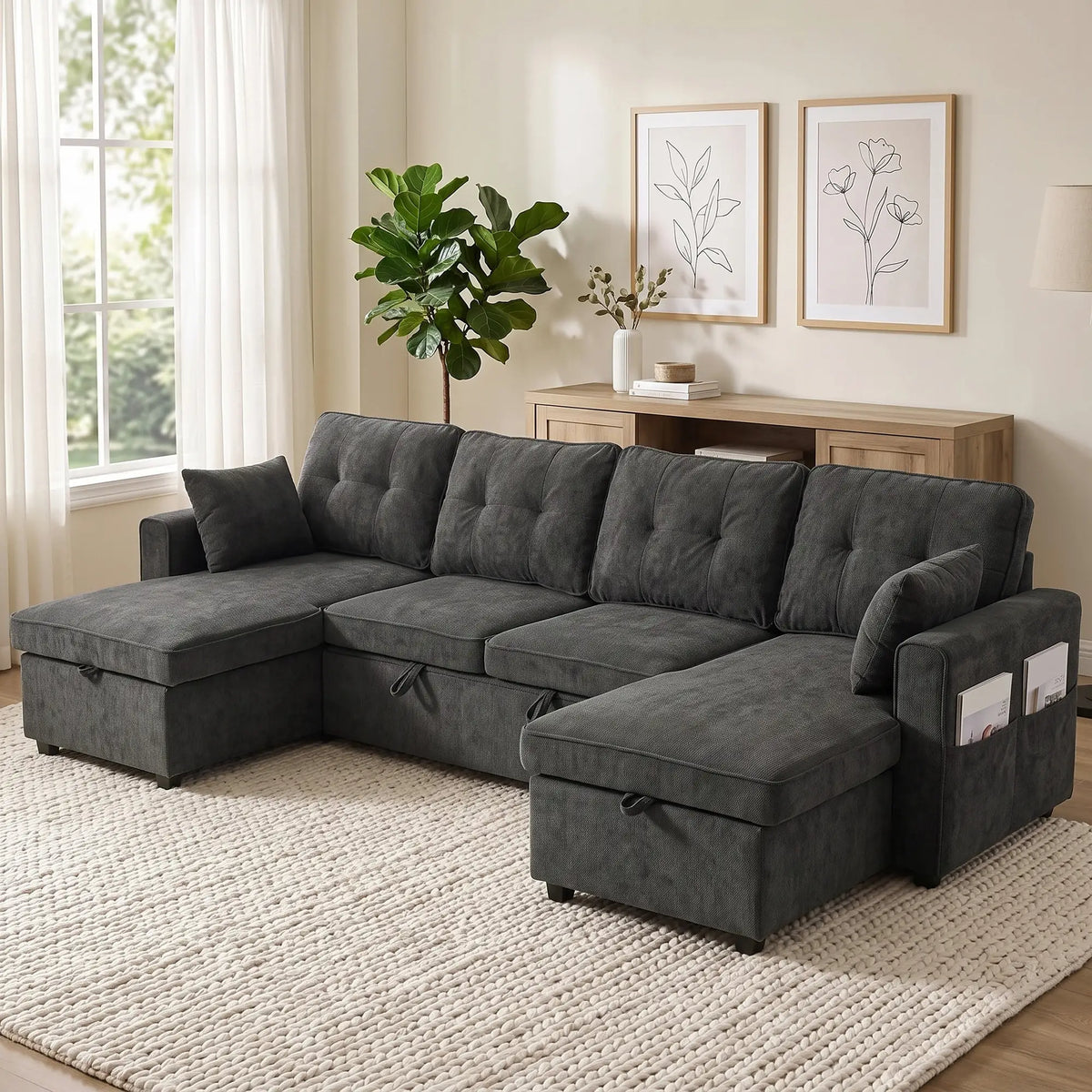 U Shaped Sectional Sofa Bed, 113" Pull Out Sleeper, Dark Grey 3-Seater Sofas at Gallery Canada