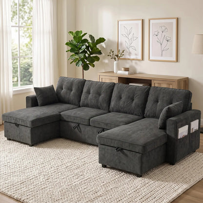 U Shaped Sectional Sofa Bed, 113" Pull Out Sleeper, Dark Grey 3-Seater Sofas at Gallery Canada