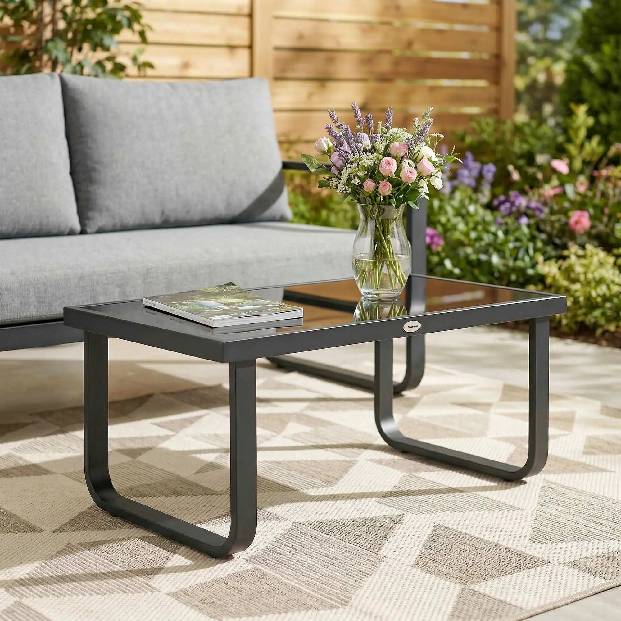 Outdoor Patio Coffee Table, Rectangle Metal Side Table, Tempered Glass Tabletop Patio Side Tables at Gallery Canada