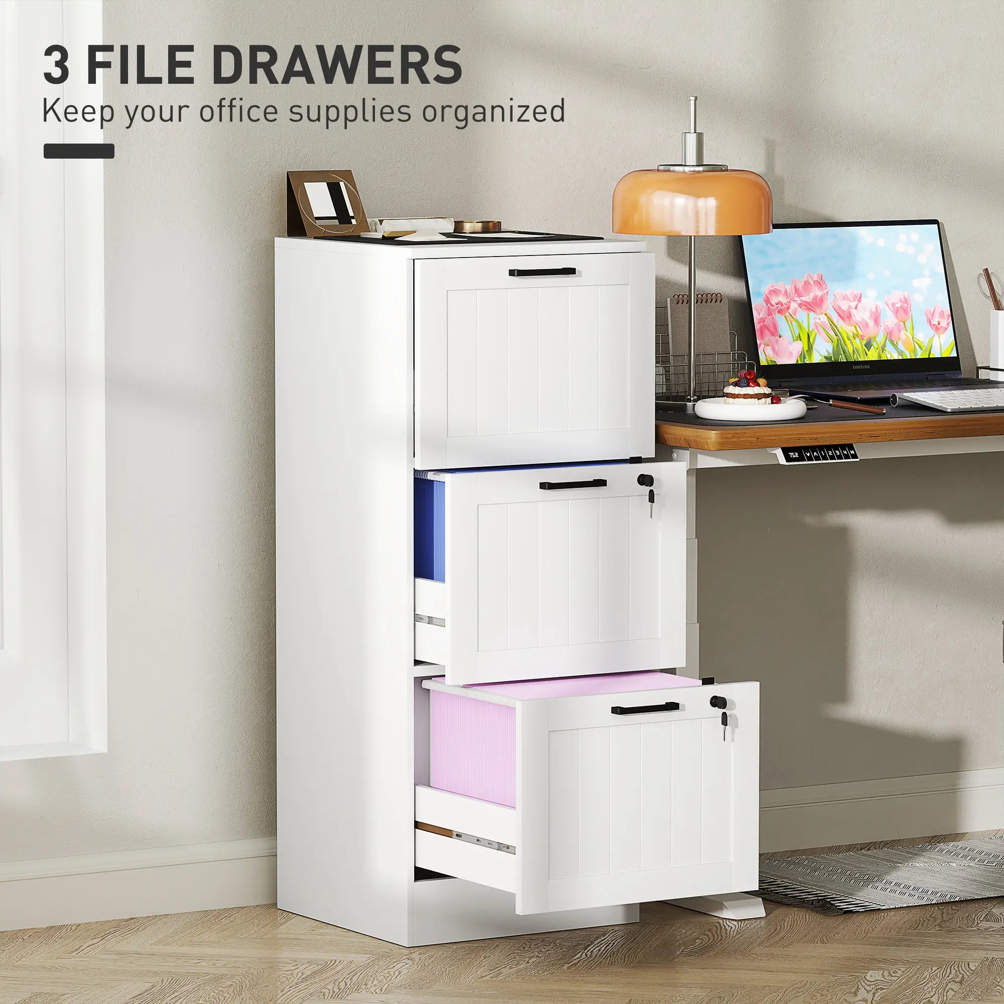 3 Drawer Filing Cabinet with Lock, Office Storage, A4 Letter Size, White Office Cabinets & Cupboards at Gallery Canada