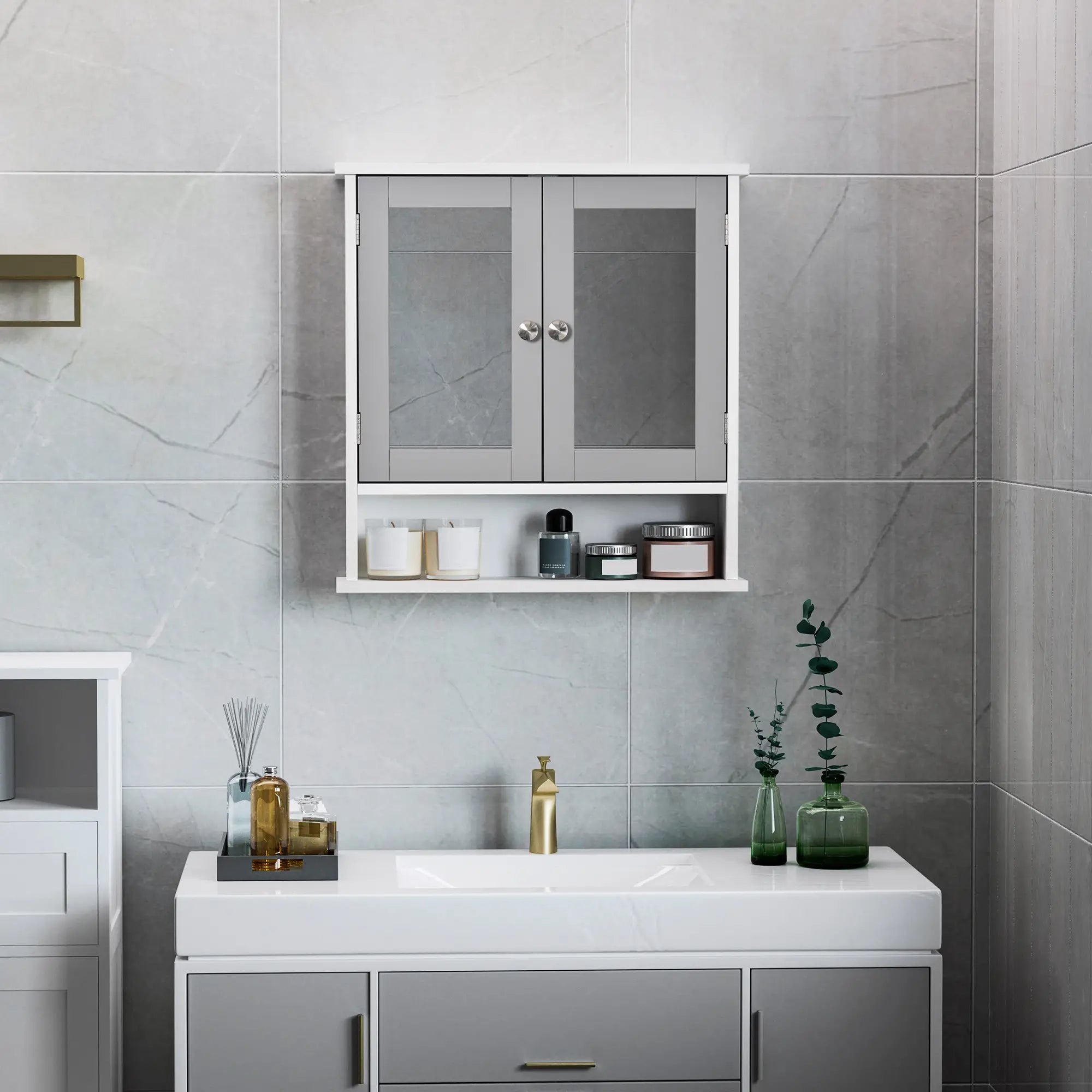 Wall-Mounted Medicine Cabinet, Double Doors, Open Shelf, Adjustable, White and Grey Mirror Medicine Cabinets at Gallery Canada