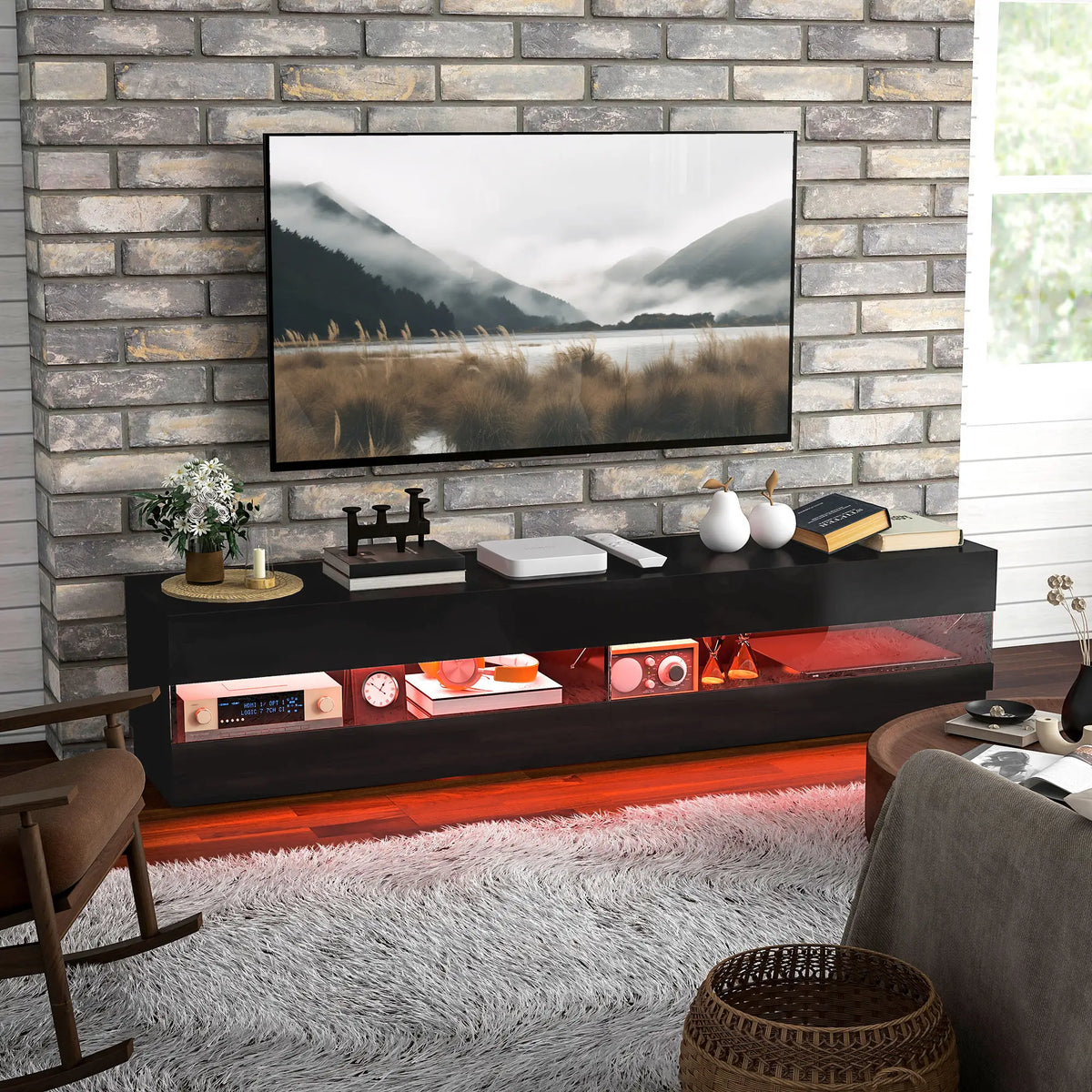 Lighted TV Stand for 75" TVs, TV Cabinet with Storage, High Gloss, Black TV Stands at Gallery Canada