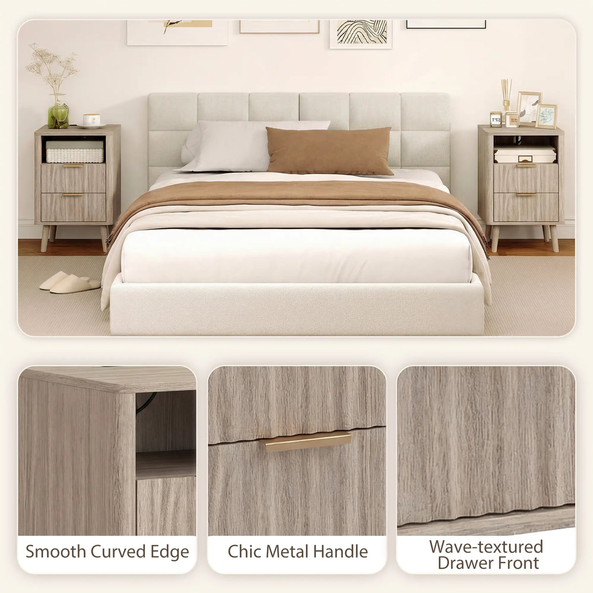 Modern Nightstands Set of 2, Charging Station, 2 Drawers, Open Shelf, Grey Bedside Tables at Gallery Canada