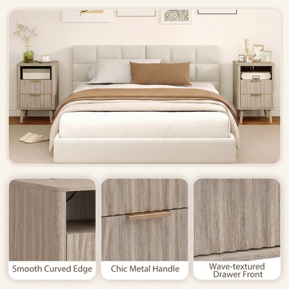 Modern Nightstands Set of 2, Charging Station, 2 Drawers, Open Shelf, Grey Bedside Tables at Gallery Canada