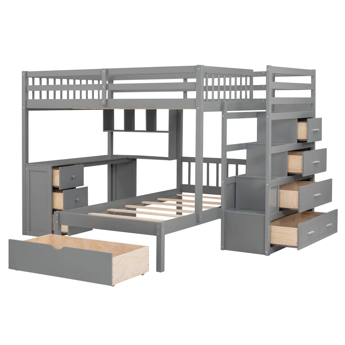 Over Twin Bunk Bed with Study Desk, Drawers, Shelves, 98" L x 80" W x 64.5" H, Grey Bed Frames at Gallery Canada