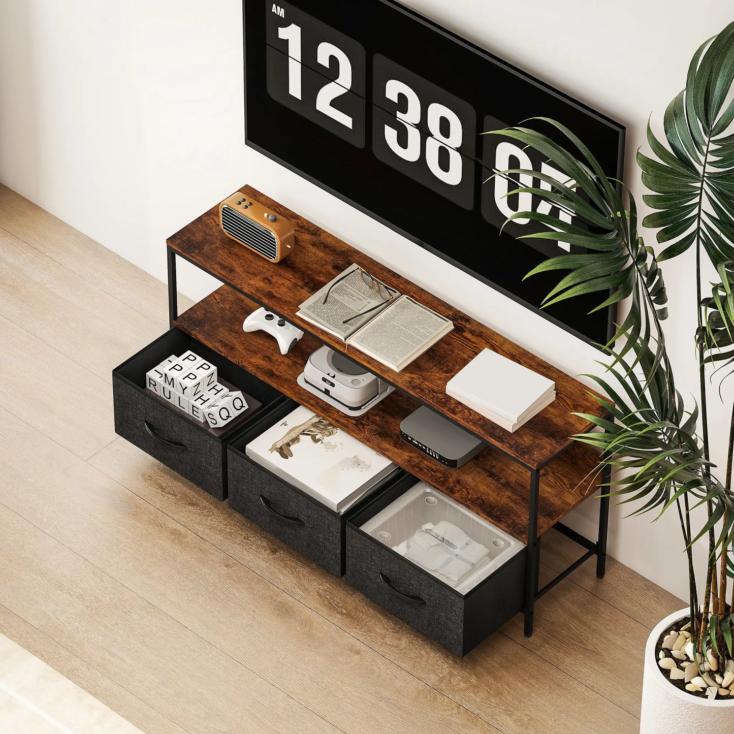 TV Stand with Charging Station, 3 Foldable Drawers, 55 Inch, Rustic Brown TV Stands at Gallery Canada