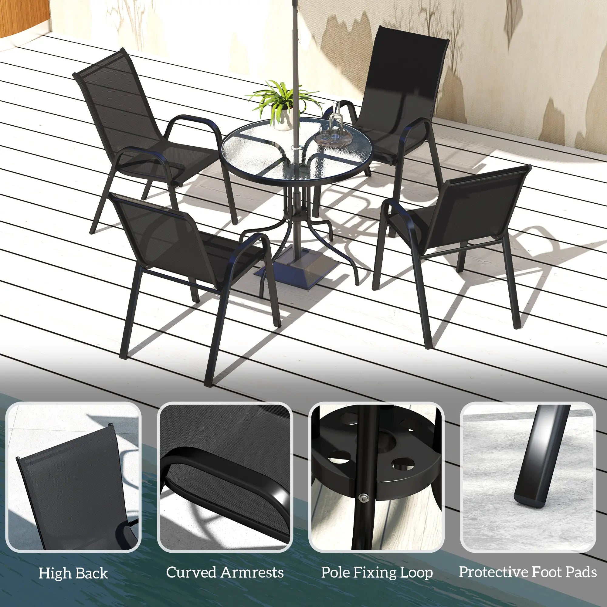 Five-Piece Steel Patio Set, Glass-Top Table, Black Outdoor Dining Sets at Gallery Canada