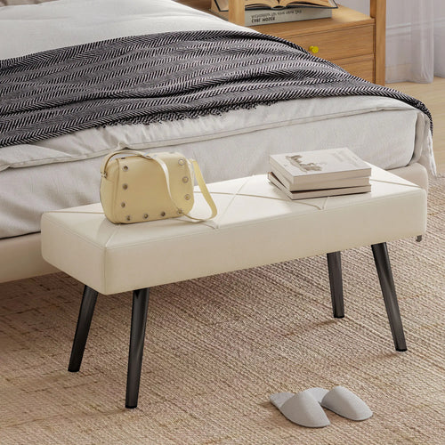 39 Inches Upholstered Bedroom Bench, Modern, Cream White