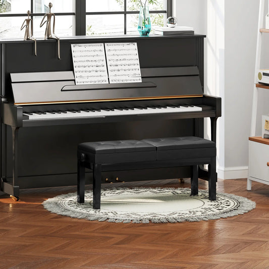 Height Adjustable Piano Bench with Storage, PU Leather Tufted, Black Piano Benches Black at Gallery Canada